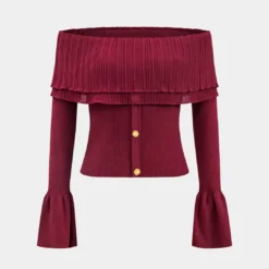 Knitted Off Shoulder Patchwork Bell Sleeve Top