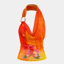 Floral Print Mesh Asymmetrical Ruched Cami Top