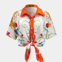 Floral Leaves Print Satin Button Short-Sleeve Shirt