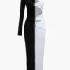 Metal Buckle One Shoulder Patchwork Long Sleeve Midi Dress