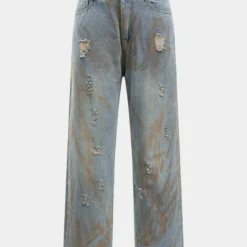 Ripped Denim Button Pocket Wide Leg Jeans