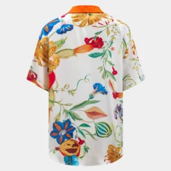 Floral Leaves Print Satin Button Short-Sleeve Shirt -Women's Clothing Store fc278ec4 8611 40b4 8084 98d8f8f53e68