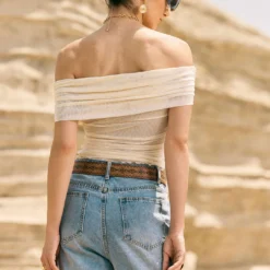 Mesh Off Shoulder Ruched Sheer T-Shirt -Women's Clothing Store fcadaa62 81ee 46f3 91e3 964b2910385a