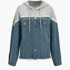 Denim Button Patchwork Hooded Pocket Long Sleeve Shirt