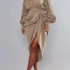 V-Neck Ruched Slit Midi Dress -Women's Clothing Store fd9dd84c 466c 4840 9465 79ad43c23229