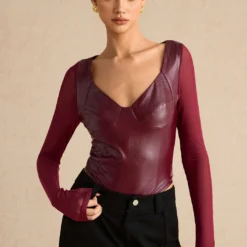Faux Leather Bustier Long Sleeve Bodysuit -Women's Clothing Store fed6e2c4 4e4b 4dcb 9ed7 15f6e23ce18f