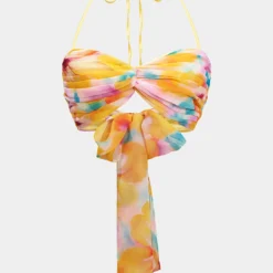 Ombre Print Chiffon Satin Pleated Halter Neck Tie-Up Cami Top