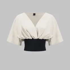 Linen Patchwork Ruched Short-Sleeve Shirt