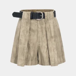 Pleated Washed Pocket Zipper Belted Shorts